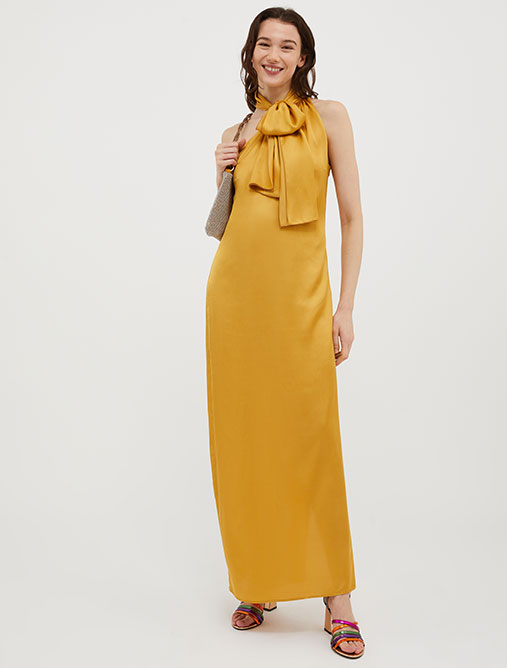 Off-the-shoulder satin dress - mustard - MAX&Co.