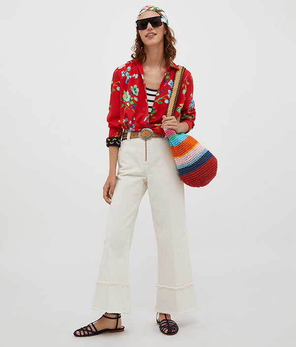 Fringed flared cotton trousers - ivory - MAX&Co.